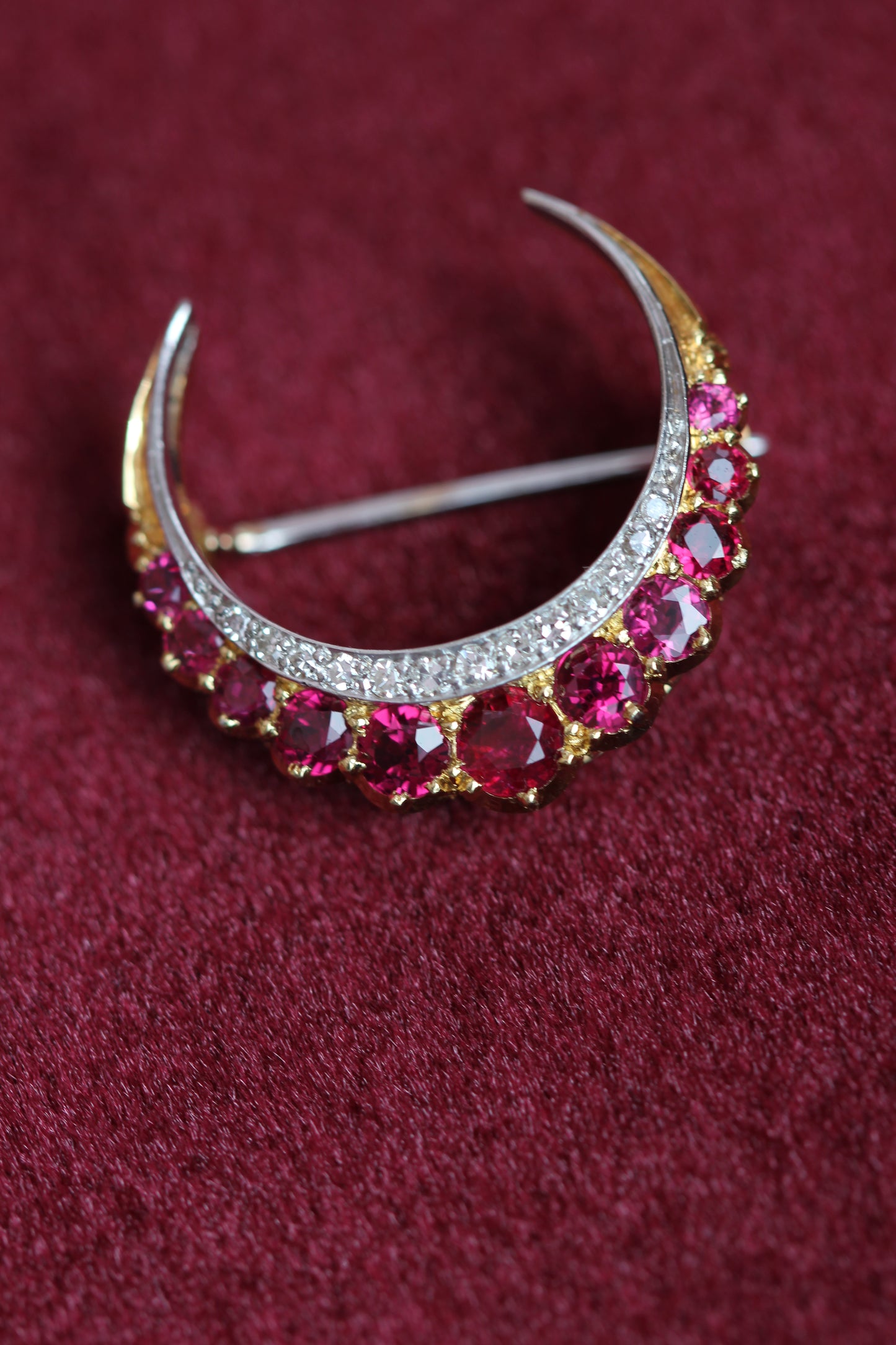 Victorian Ruby & Diamond Crescent Moon Brooch