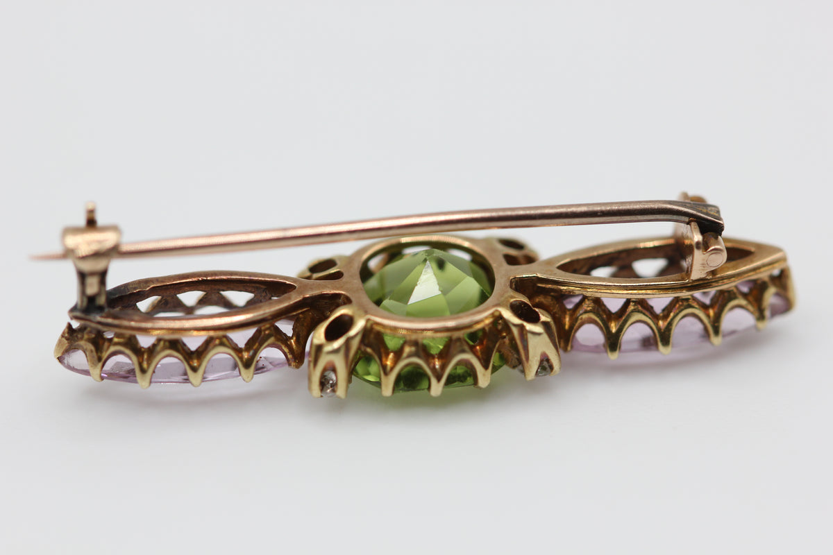 Pink topaz and peridot brooch