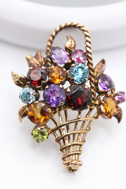 Multi gem flower basket brooch