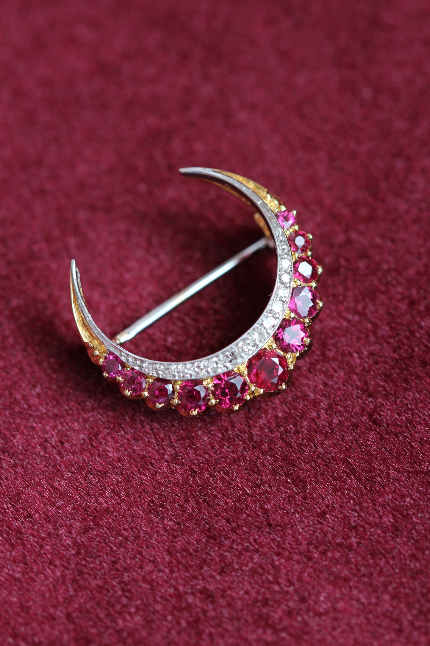 Victorian Ruby & Diamond Crescent Moon Brooch